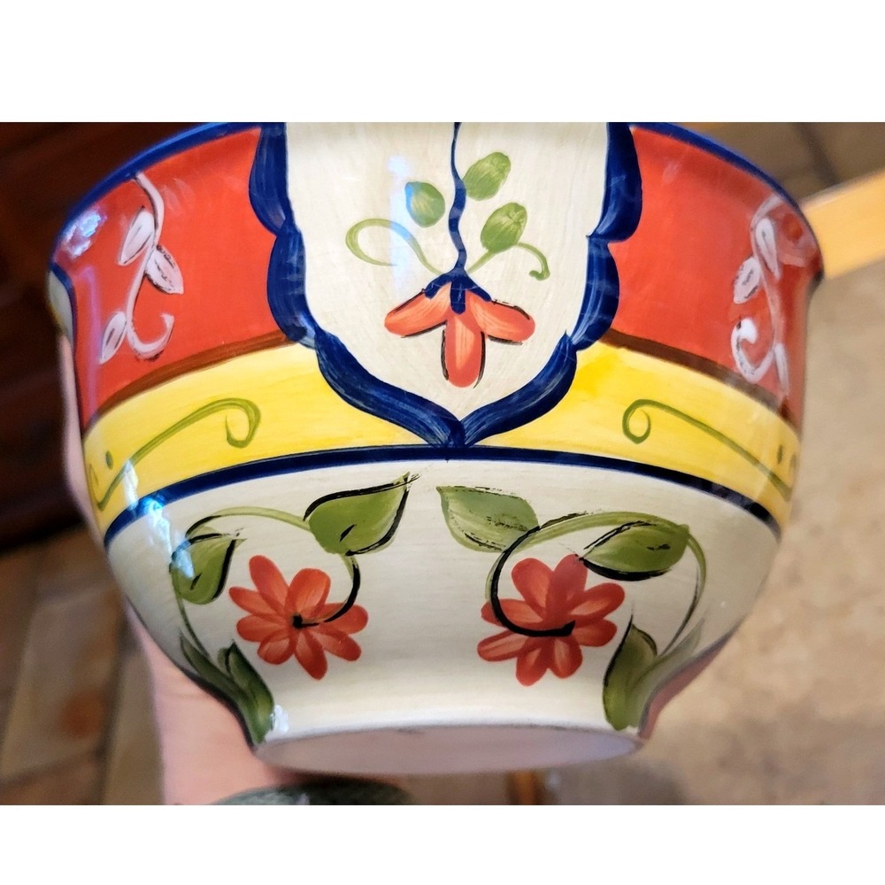 Pier 1 Vallarta Handpainted Earthenware Serving Bowl‎ Floral Red Yellow Blue